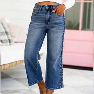 Judy Blue High Rise Medium Wash Side Braid Cropped Wide Leg Jeans